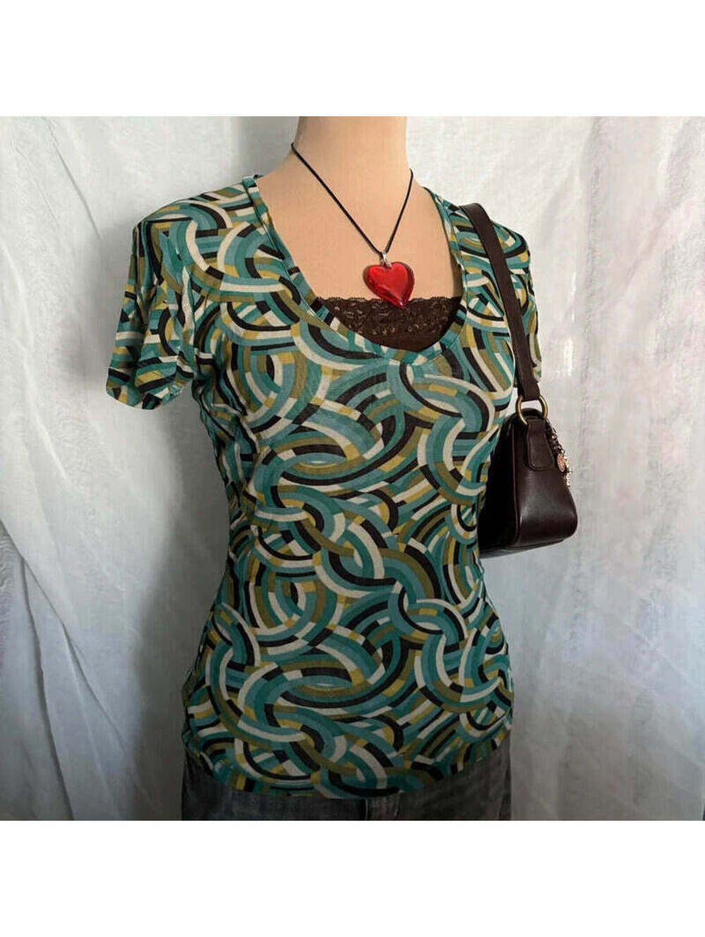 vintage y2k abstract print micromesh v-neck baby tee